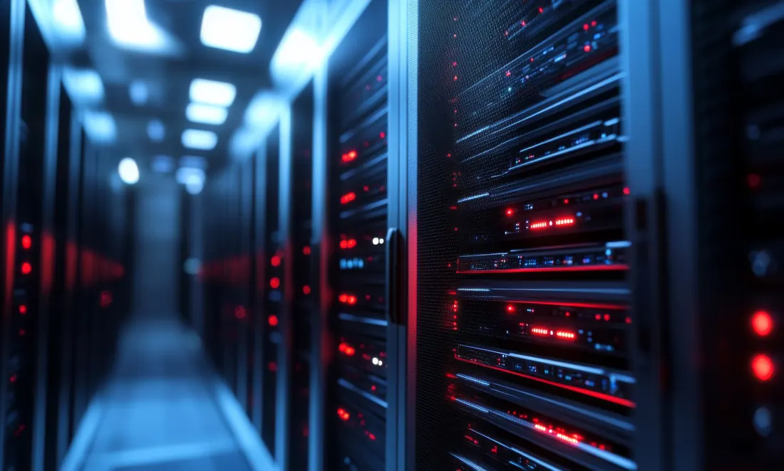 Corredor entre racks de servidores de um data center, com as luzes dos equipamentos acesas