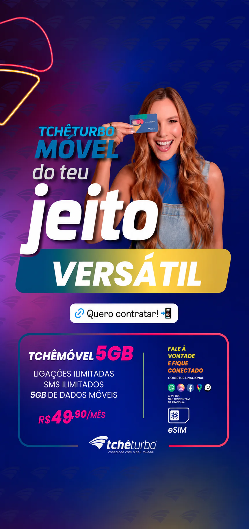 Arte do plano TchêMóvel 5GB, com ligações e SMS ilimitados, eSIM e apps que não descontam da franquia